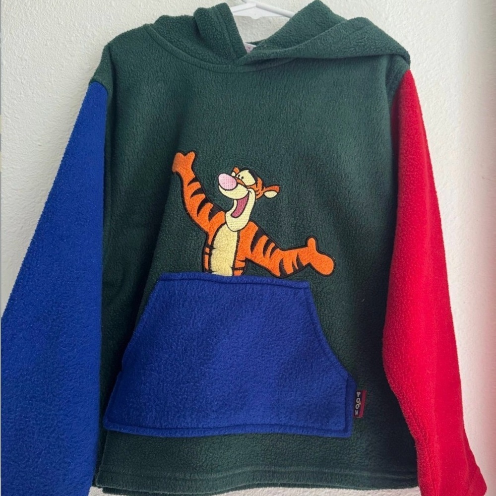 Kids' Green Hoodie with Tigger Design and Colorful Sleeves